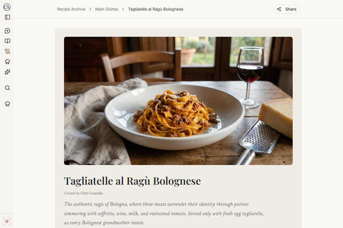 CulinaryAdvisor recipe page showing Tagliatelle al Ragu Bolognese