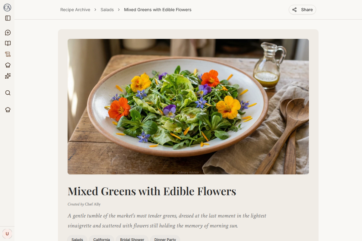 CulinaryAdvisor recipe page showing Mixed Greens with Edible Flowers